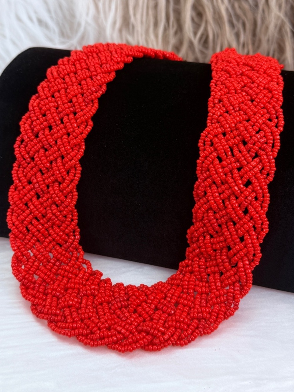 Gorgeous, vintage red, bohemian chic, woven seed bead, wide necklace